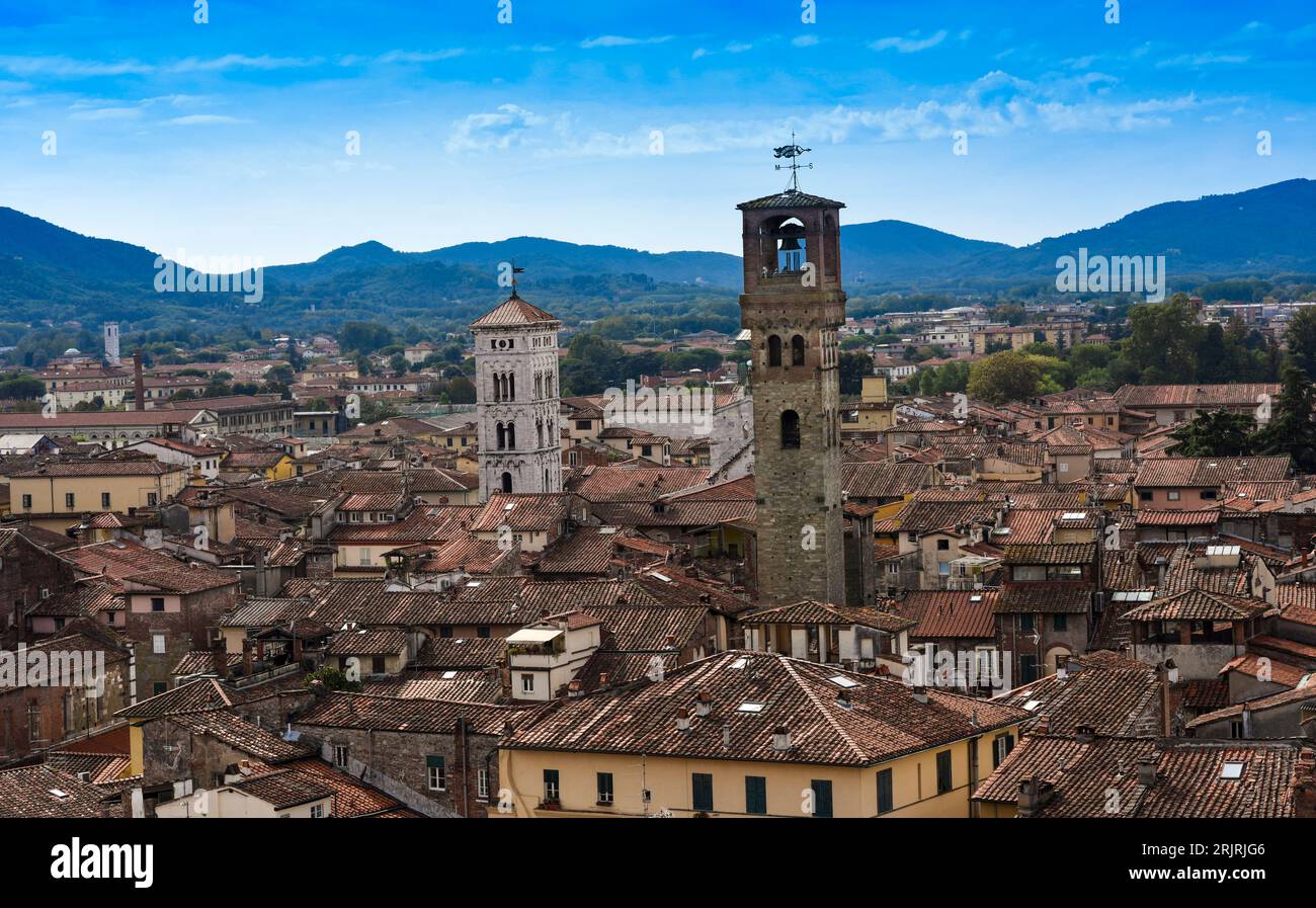 Voir à partir de la Torre Guinigi à la vieille ville de Lucca, Toscane, Italie Banque D'Images