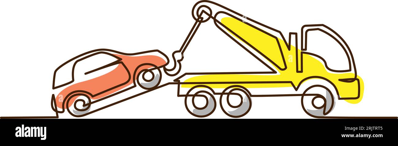 Camion de remorquage soulever la voiture cassée à l'aide d'une grue. Dessin continu d'une ligne. Illustration de Vecteur