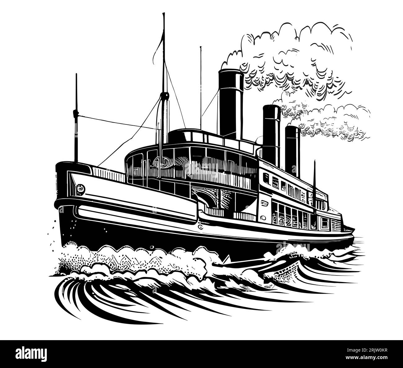 Bateau vapeur rétro dessin à la main illustration transport Banque D'Images