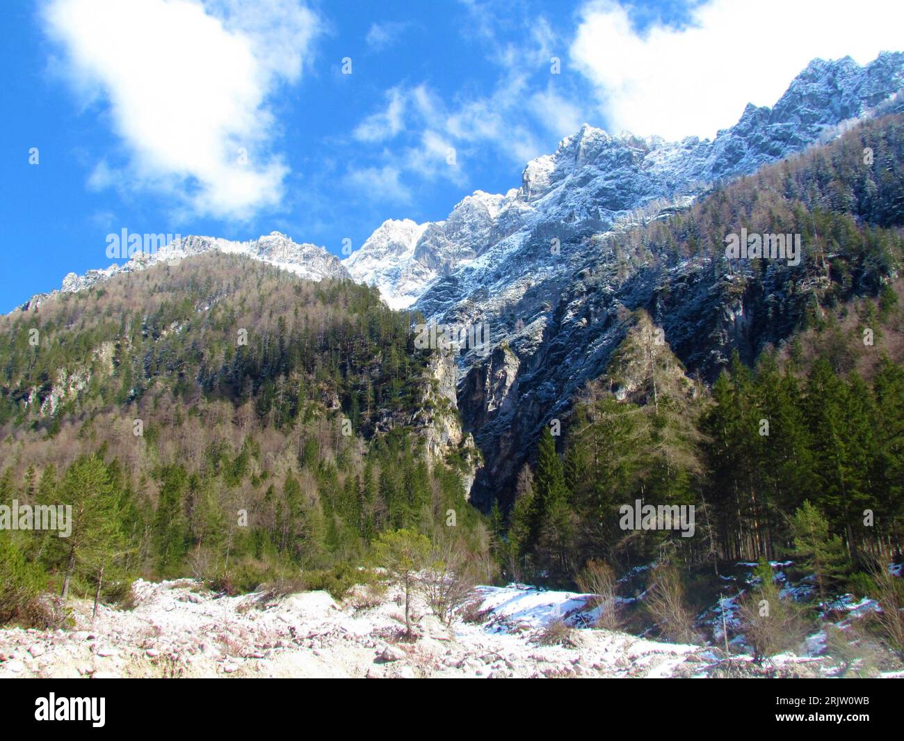 Vue hivernale du pic enneigé au-dessus de la vallée de Krnica dans les alpes juliennes et du parc national du Triglav à Gorenjska, Slovénie par une journée ensoleillée Banque D'Images