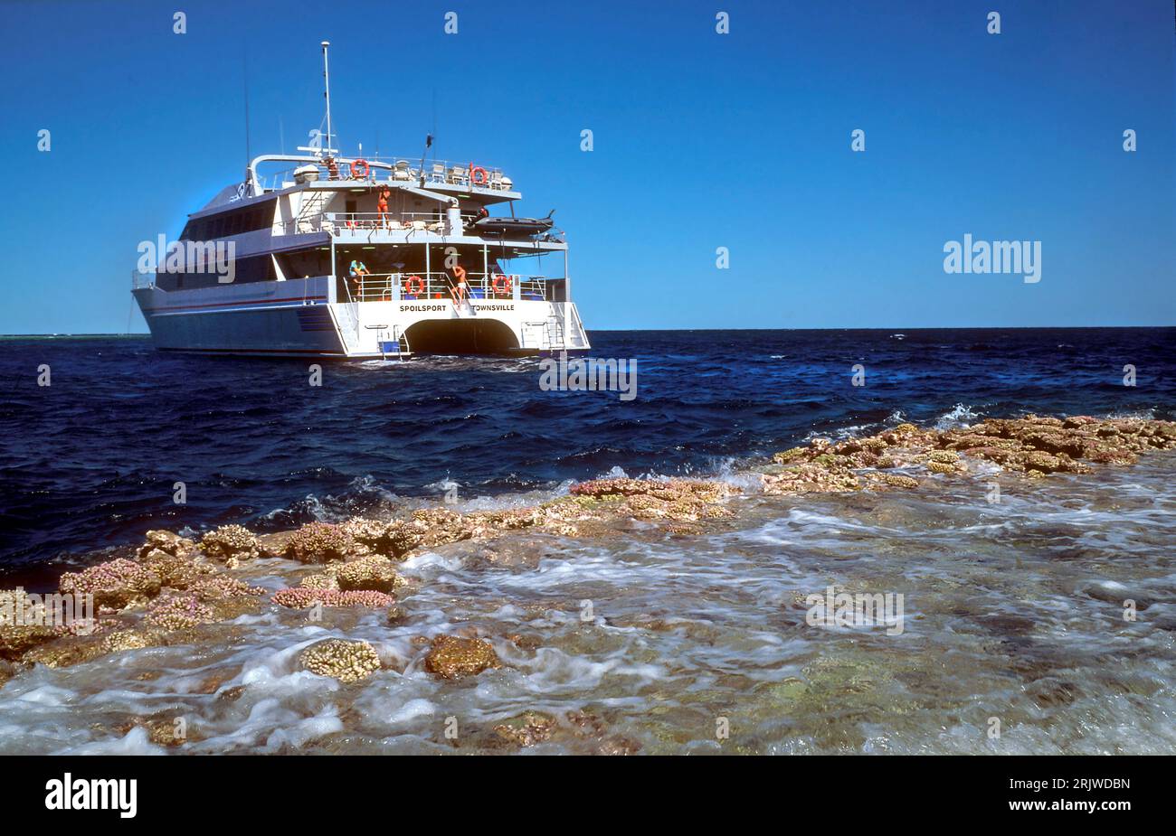 Le bateau de plongée « SPOILSsport » a ancré à un pilier de récif exposé à Boomerang Reef, la mer de Corail au large de la côte est de l'Australie. Banque D'Images