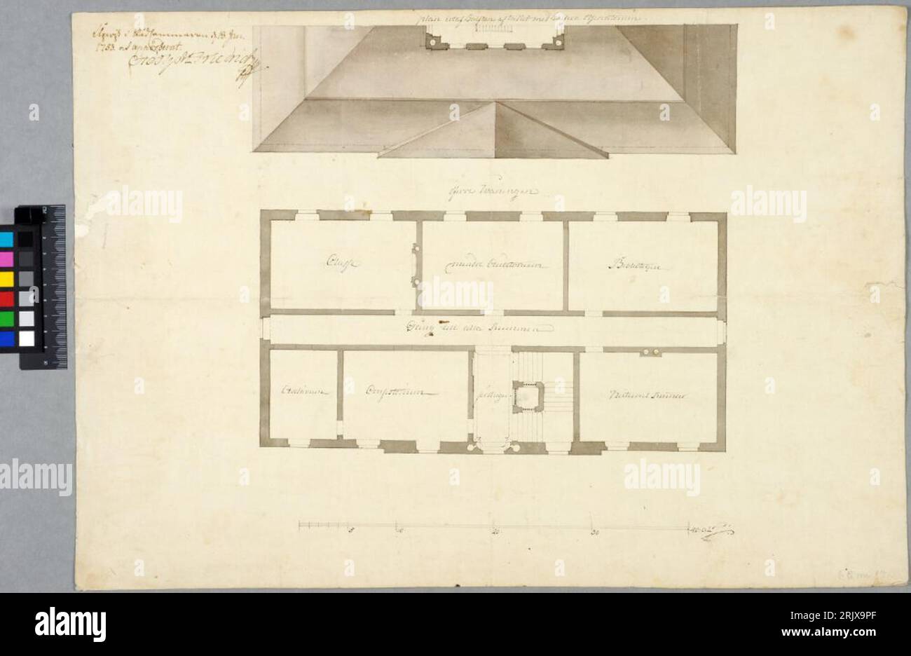 Conception d'un bâtiment scolaire à Karlstad. Plan du premier étage et plan du toit avec l'observatoire entre 1752 et 1753 par Carl Hårleman Banque D'Images