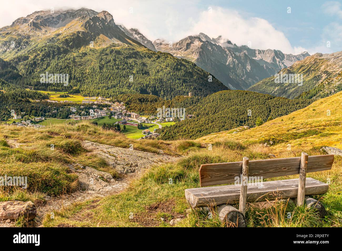 Banc solitaire surplombant Maloja au printemps, haute Engadine, Grisons, Suisse Banque D'Images