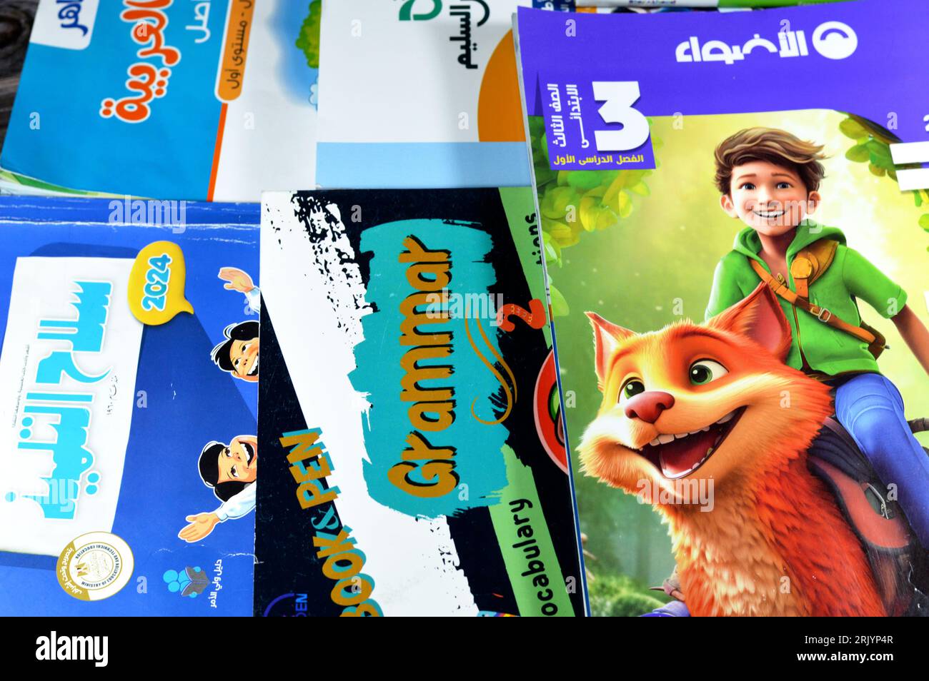 Le Caire, Egypte, août 18 2023 : pile de livres éducatifs utilisés par les écoliers égyptiens, apprentissage, enseignement, concept de livres éducatifs soit publié Banque D'Images