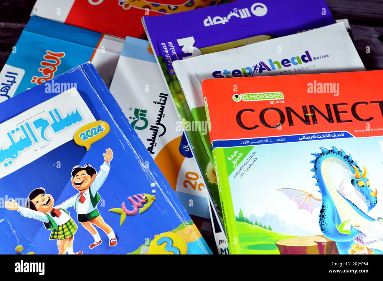 Le Caire, Egypte, août 18 2023 : pile de livres éducatifs utilisés par les écoliers égyptiens, apprentissage, enseignement, concept de livres éducatifs soit publié Banque D'Images