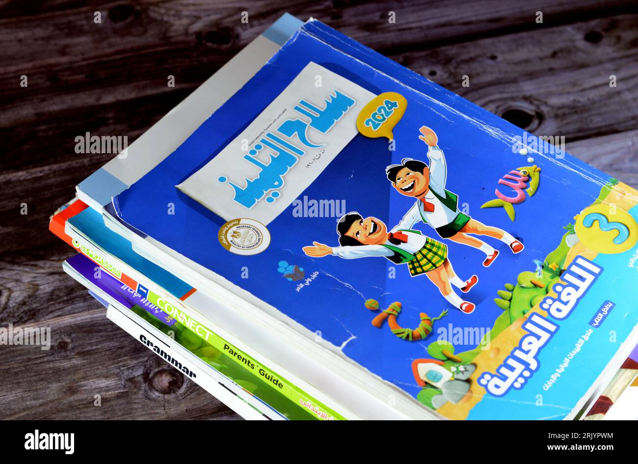 Le Caire, Egypte, août 18 2023 : pile de livres éducatifs utilisés par les écoliers égyptiens, apprentissage, enseignement, concept de livres éducatifs soit publié Banque D'Images