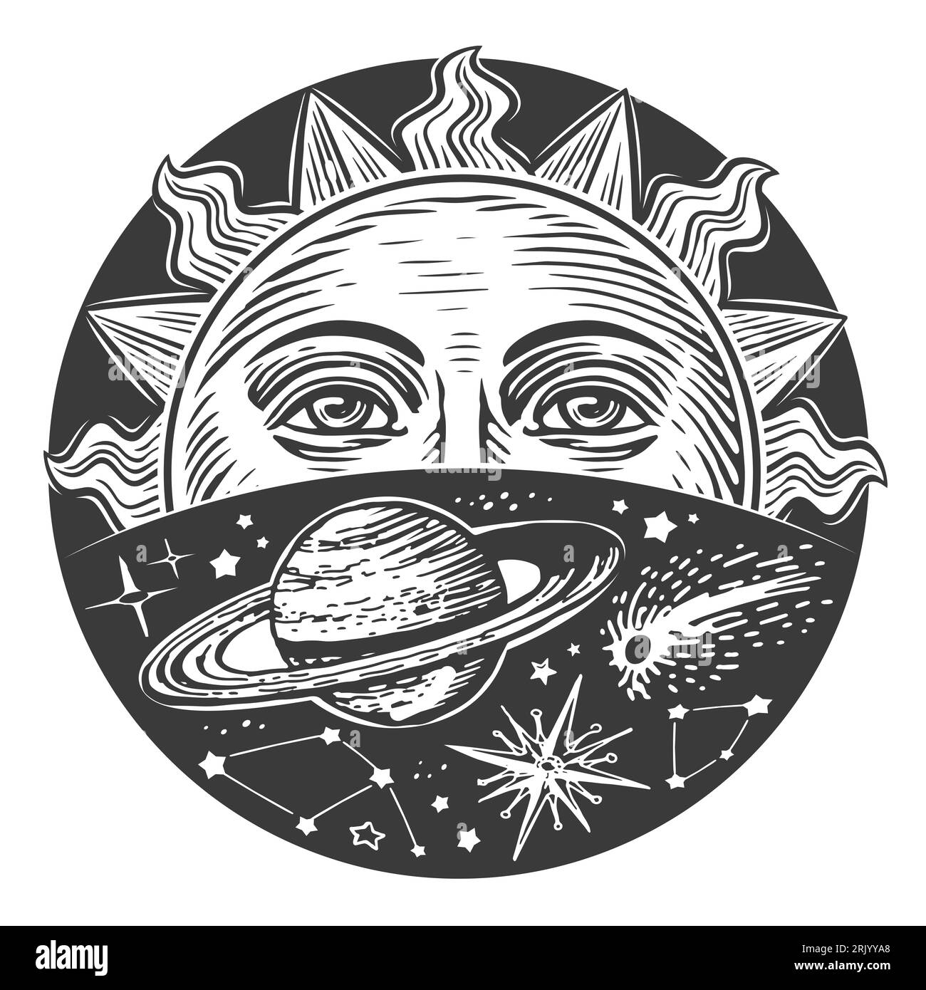 Soleil avec visage et étoiles dans l'espace. Imprimé céleste monochrome. Design de style Boho gravure illustration vintage Banque D'Images
