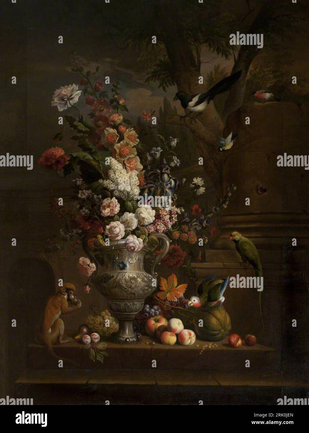 Un vase de fleurs avec des fruits, un singe et des oiseaux sur une terrasse entre circa 1691 et circa 1724 par Jakob Bogdani Banque D'Images