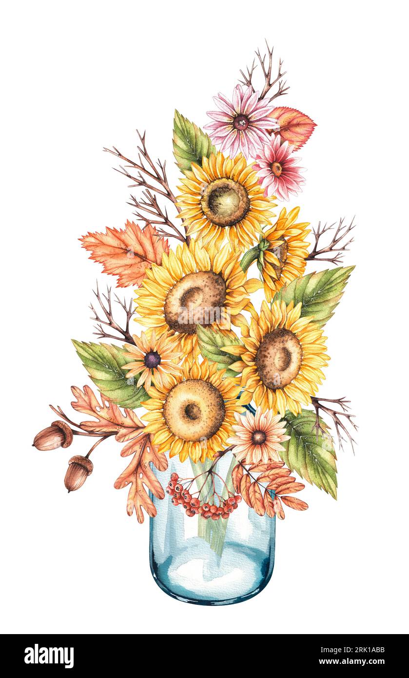 Composition d'automne aquarelle avec des fleurs de tournesol d'automne dans un vase en verre isolé sur fond blanc. Fleurs dessinées à la main, feuilles desséchées pour le desi Banque D'Images
