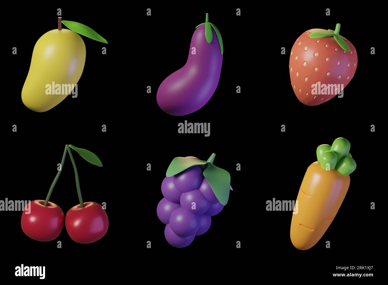 ensemble de fruits et légumes icône, mangue, aubergine, poudreuse, cerise, raisins, et carottes isolés sur fond noir. illustration 3d. Banque D'Images