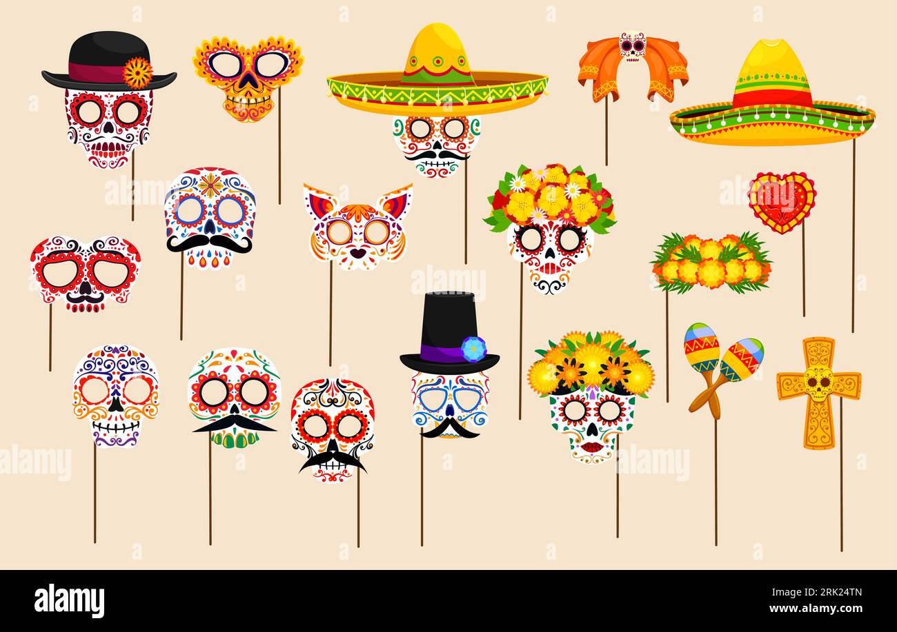 Masques de cabine photo de jour mort mexicains avec des accessoires. Dia de los muertos sucre de vacances et crâne animal, sombrero, moustaches, catrin et masque de fête de guitare. Illustration de Vecteur