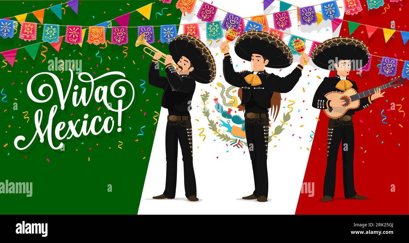 Viva mexico fond de vacances avec le groupe mexicain de musiciens mariachi et le drapeau national. Bannière de salutation vectorielle avec trio d'hommes latinos en sombrero et nat Illustration de Vecteur