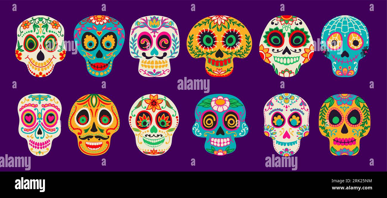 Crânes mexicains à sucre de calavera. Dia de los muertos jour des crânes morts de vacances. avec fleurs et motif floral. Jour des craniums décoratifs morts Illustration de Vecteur