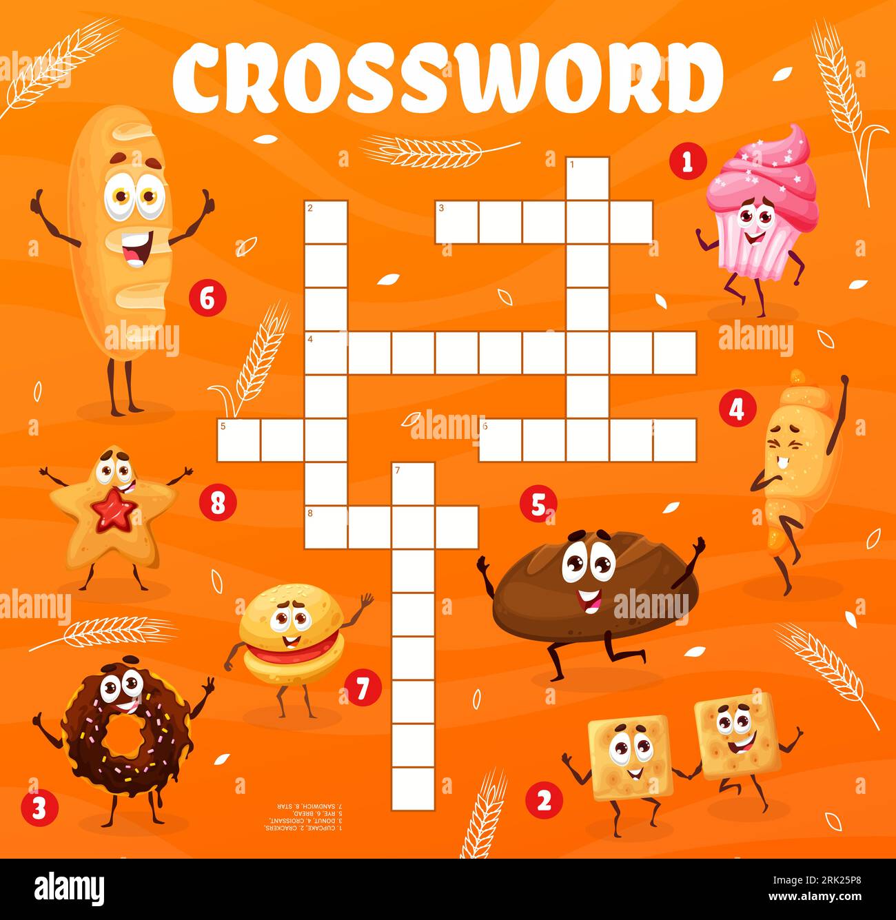 Grille de jeu de quiz de mots croisés, pâtisserie de dessin animé, boulangerie et personnages de