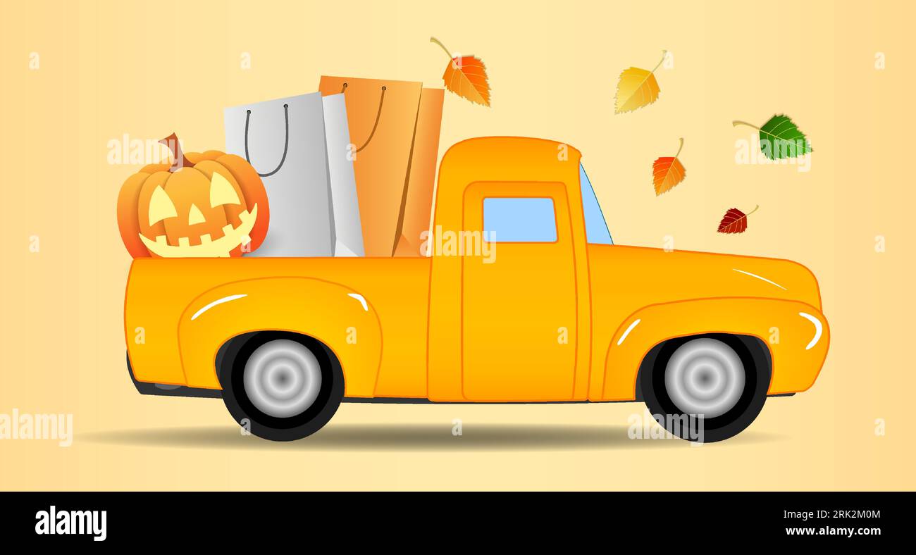 Joyeux camion Halloween avec Jack O Lantern lanterne citrouille à l'arrière. Bannière vectorielle large pour cartes postales, dépliants, dépliants, invitations de fête Illustration de Vecteur