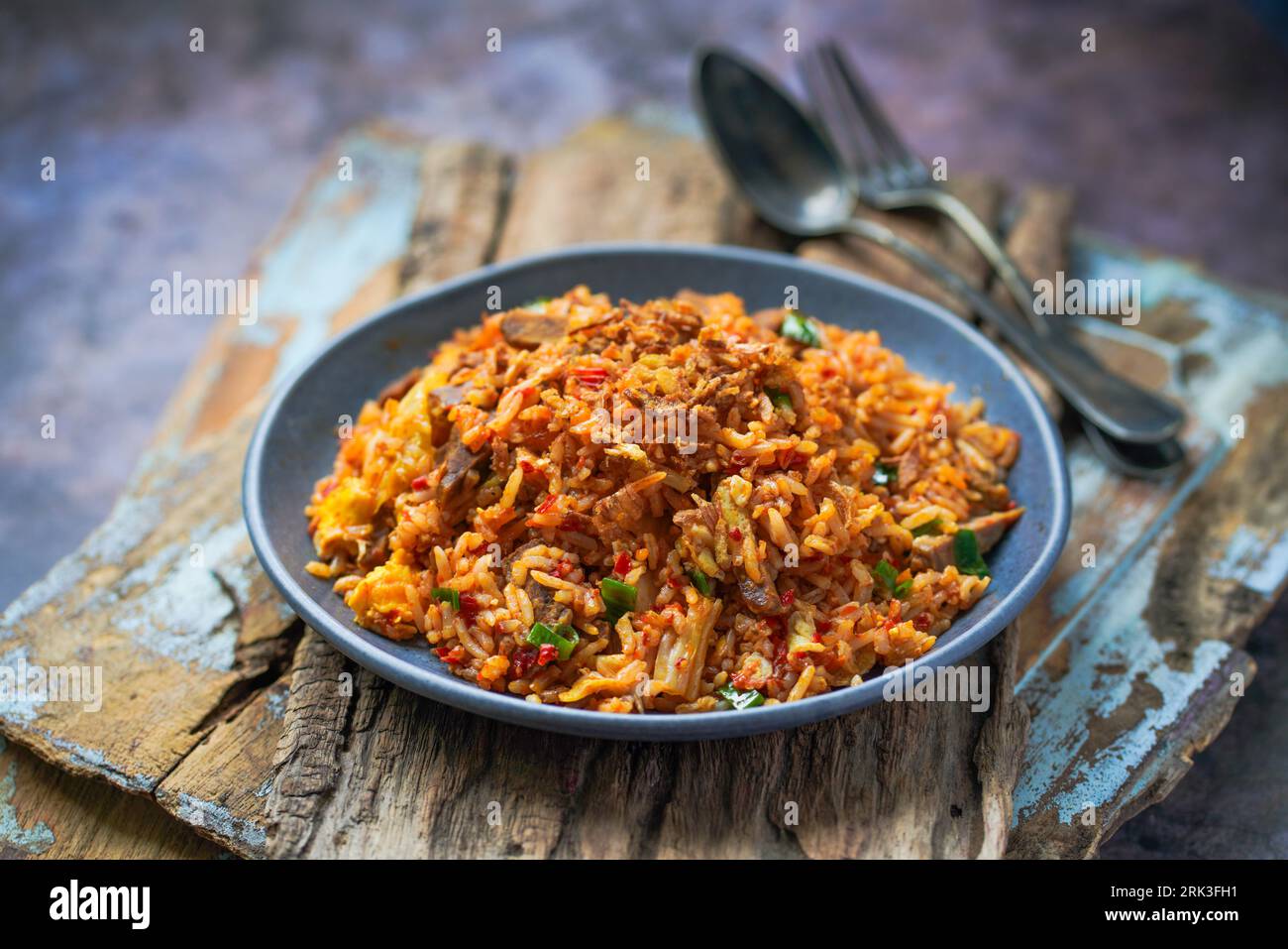 Nasi goreng rendang, riz frit indonésien avec rendang de bœuf Banque D'Images