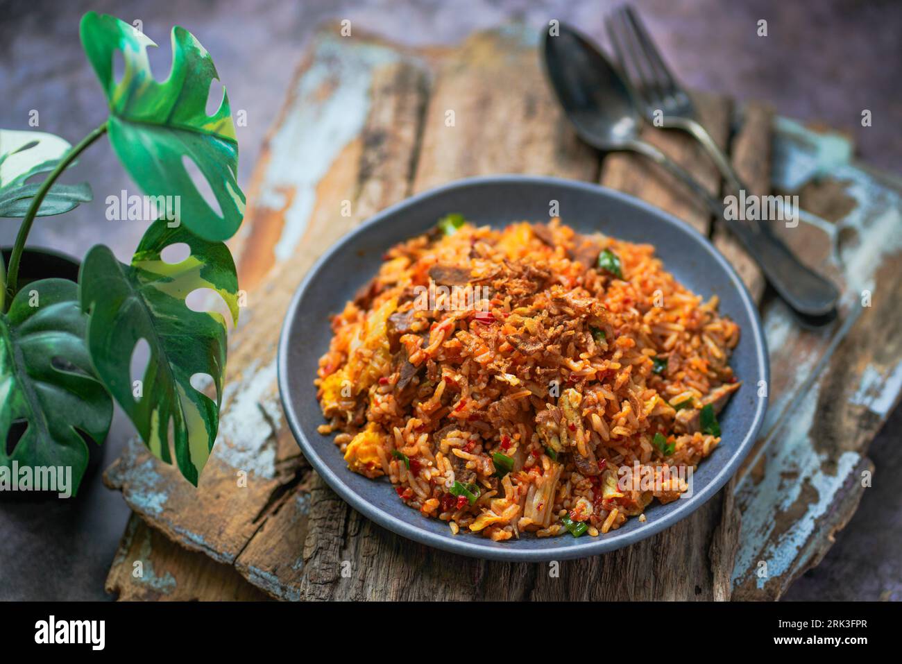 Nasi goreng rendang, riz frit indonésien avec rendang de bœuf Banque D'Images