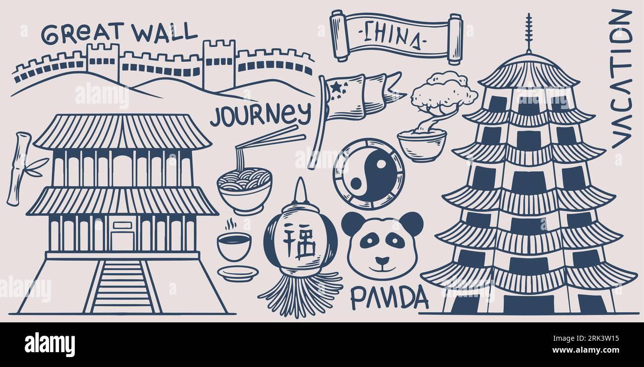 Dessin à la main des éléments de voyage doodle ensemble aller à la chine avec grand mur, temple, panda, nouilles, drapeau, yin yang et lanterne. Illustration de Vecteur