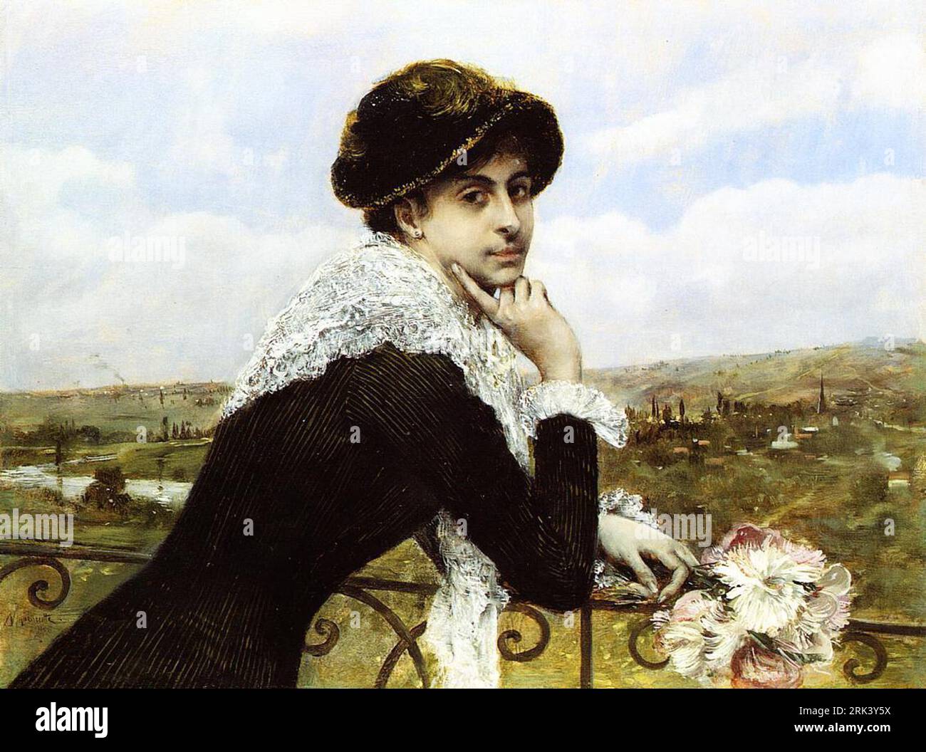 Femme sur un balcon 1880 par Norbert Goeneutte Banque D'Images