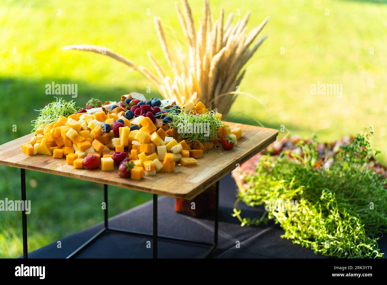 Planche avec divers fromages et baies coupées en cubes pour un buffet festif dans la cour en été Banque D'Images