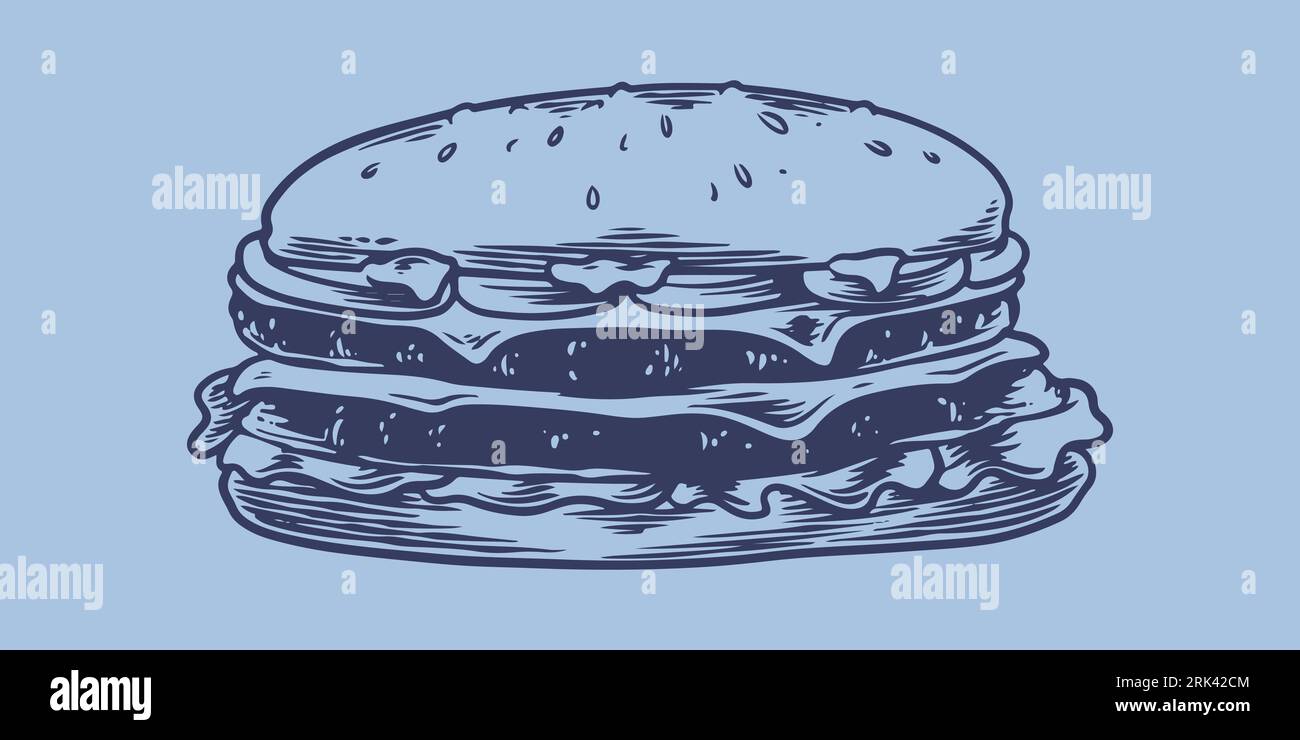 Dessin à la main ensemble de fast-food de gros hamburger. Restaurant de junk food menu de restauration rapide. Illustration de Vecteur