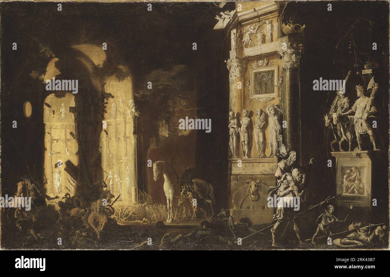 L'incendie de Troie avec le vol d'Énée et des Anchises Date inconnue de François de nomé Banque D'Images