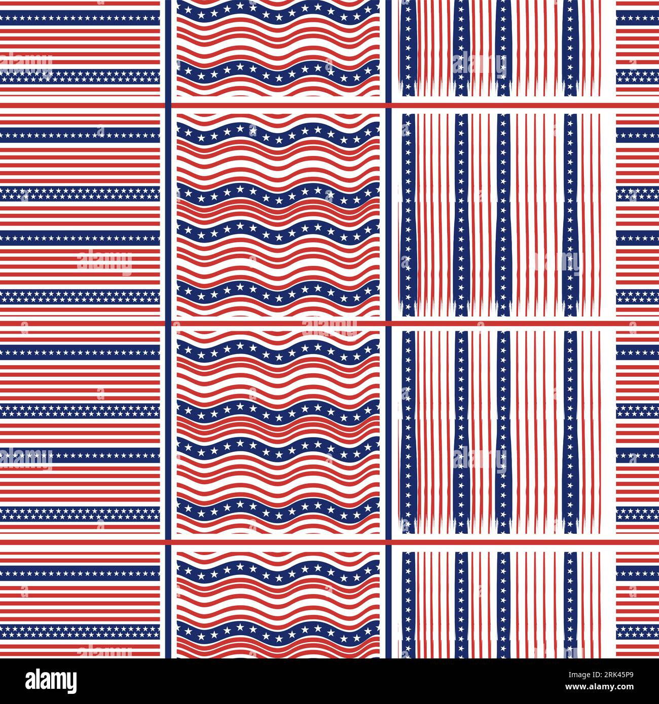 Ensemble de motif sans couture de fond de jour de l'indépendance américaine avec ornement de drapeau des États-unis isolé sur fond blanc. Illustration de Vecteur