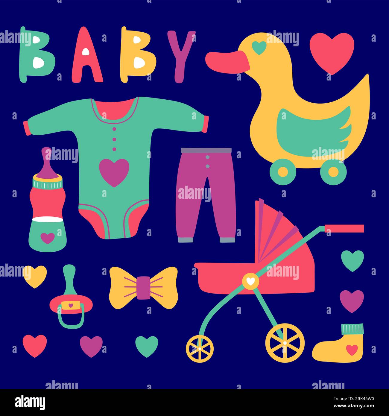 Ensemble d'éléments dessinés à la main colorés avec équipement pour bébé comme point, bouteille de lait, vêtements, canard, ruban adhésif, poussette de bébé isolé sur fond bleu. Illustration de Vecteur