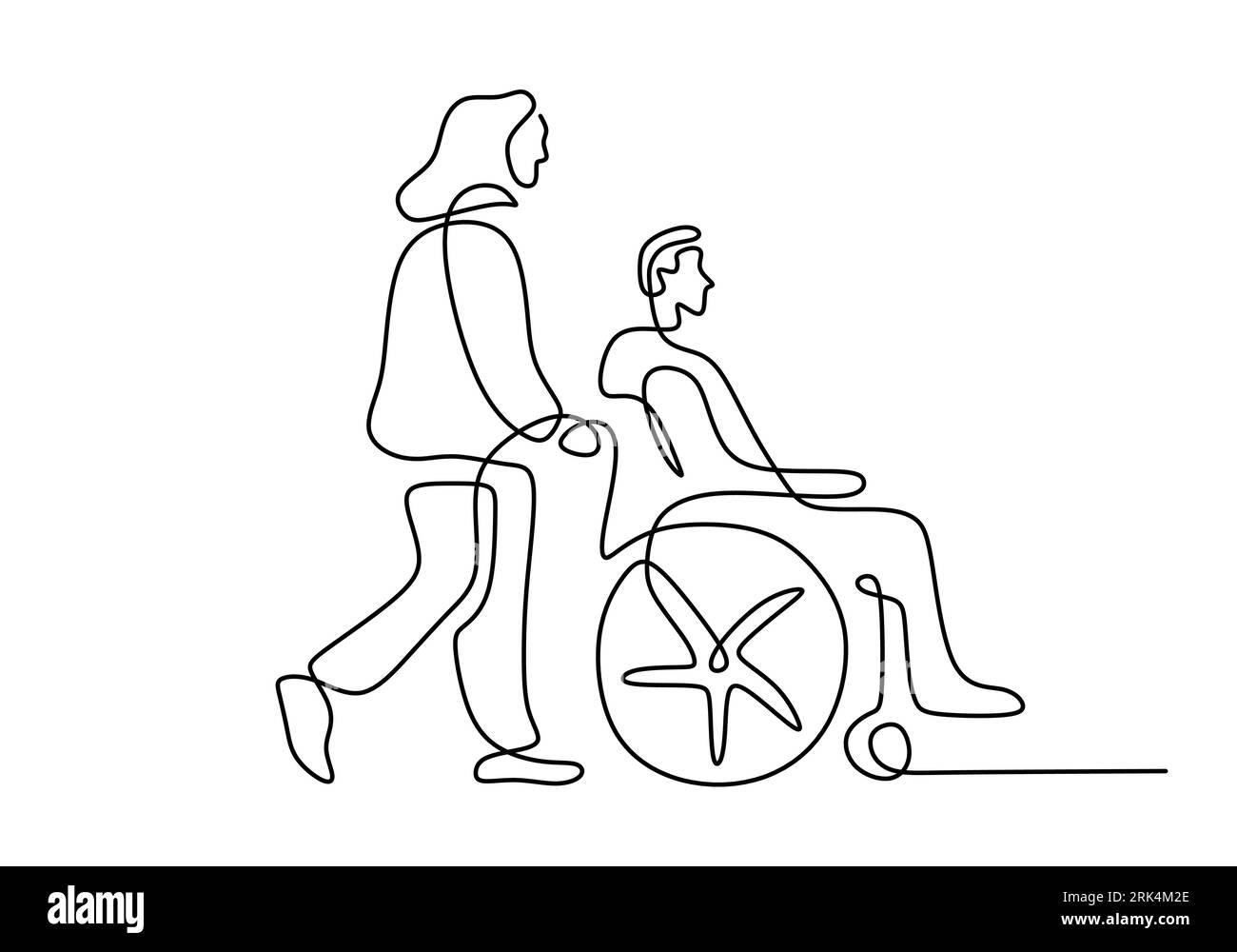 Un dessin au trait de couple mature et fauteuil roulant isolé sur fond blanc. Illustration de Vecteur