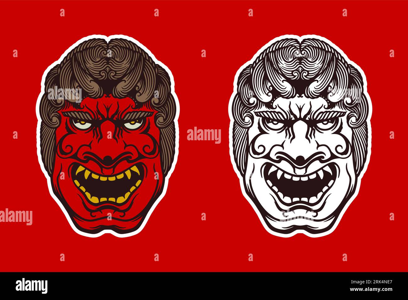 Masque traditionnel japonais blanc rouge dessiné à la main sur fond rouge. Illustration de Vecteur