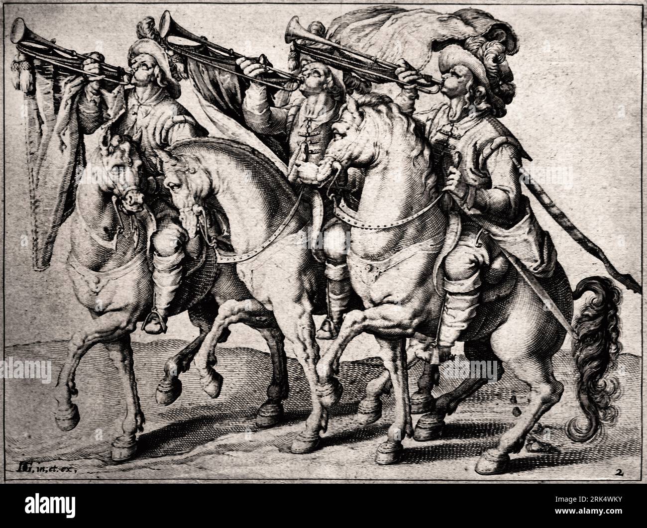 Trois trompettistes à cheval 1599 The Riding School) trois hommes à cheval, côte à côte, se déplaçant à gauche, chacun avec une trompette à la bouche à partir de laquelle pend une bannière. Gravures représentant un ou quelques types différents de cavaliers (principalement blindés), Jacques de Gheyn, Rijksmuseum Amsterdam ( guerre ; affaires militaires ( cavalerie, cavalerie, corne, trompette, cornet, trombone, tuba ) Banque D'Images