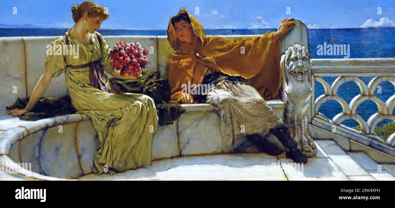 Né à Dronryp, Sir Lawrence Alma-Tadema (1836 - 1912) peint ce tableau en 1881. AMO te ama moi, littéralement, je t'aime, aime moi aussi, Alma-Tadema a placé le couple amoureux dans l'antiquité romaine. Banque D'Images