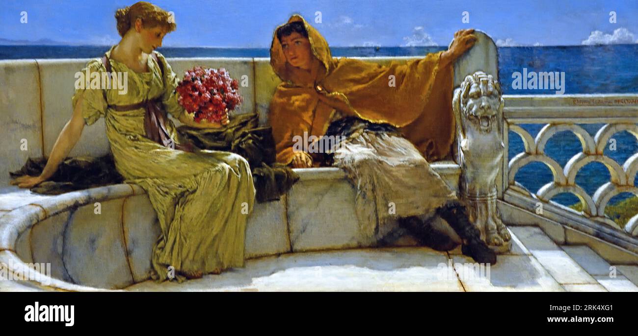 Né à Dronryp, Sir Lawrence Alma-Tadema (1836 - 1912) peint ce tableau en 1881. AMO te ama moi, littéralement, je t'aime, aime moi aussi, Alma-Tadema a placé le couple amoureux dans l'antiquité romaine. Banque D'Images