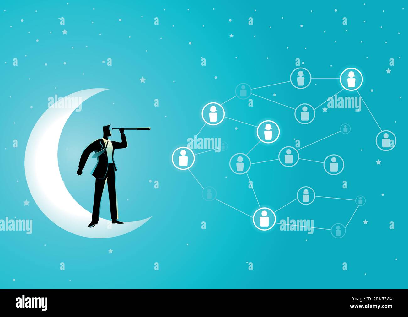Illustration vectorielle de concept d'affaires d'un homme d'affaires debout sur un croissant de lune avec télescope à la recherche d'un candidat. Connexion sociale, ressources humaines Illustration de Vecteur