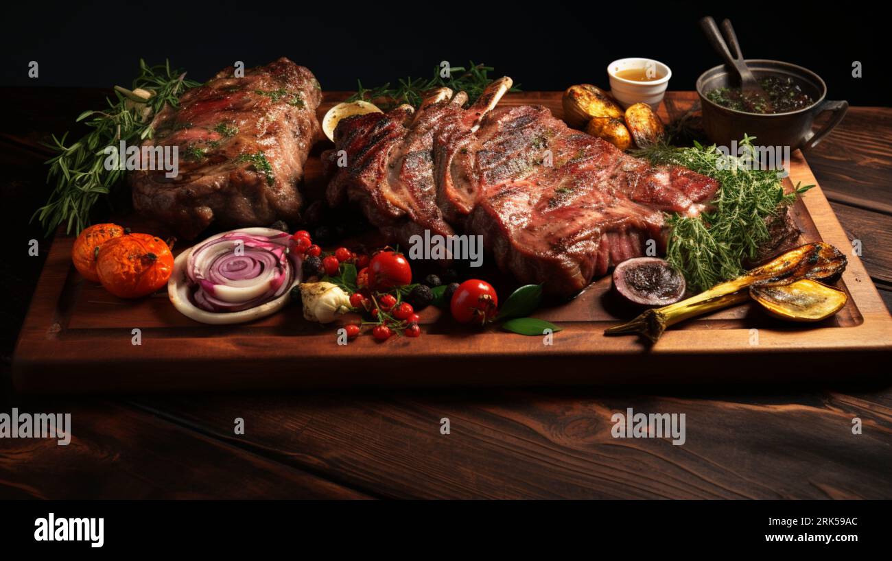 Un repas fraîchement préparé avec diverses viandes, légumes et assaisonnements disposés sur une planche à découper en bois Banque D'Images
