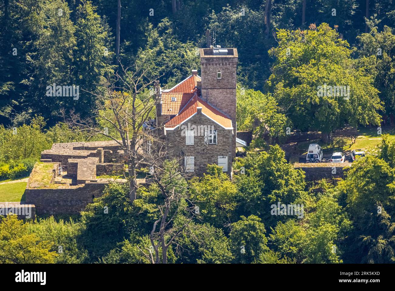 Vue aérienne, château d'Isenberg, ruine d'Isenburg, Niederbonsfeld, Hattingen, Ruhr area, Rhénanie du Nord-Westphalie, Allemagne, Burg, ruines du château, DE, Europe, AE Banque D'Images