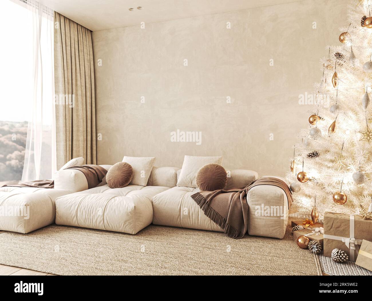 Salon contemporain scandi Boho blanc beige avec canapé et décor - fond de moquette. Grand arbre de Noël japonais moderne et vue sur la nature. 3d Banque D'Images