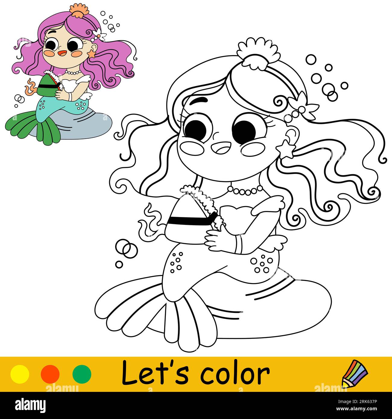 Sirène mignonne et heureuse avec un sandwich. Illustration en noir et blanc de dessin animé vectoriel. Page à colorier pour enfants avec un échantillon de couleur. Pour impression, design, affiche Illustration de Vecteur