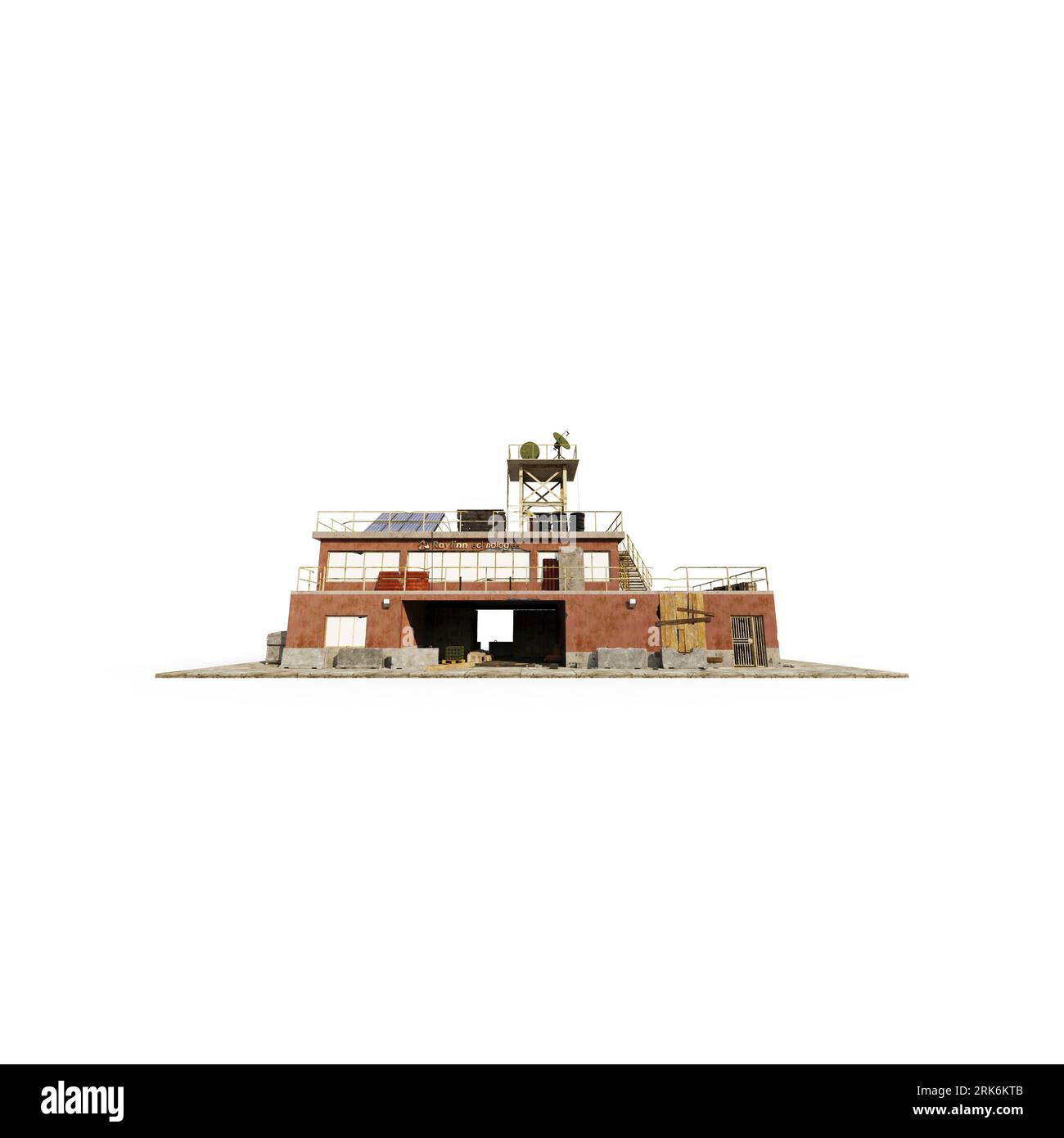 Rendu 3D isolé d'une maquette d'un paysage rural abandonné sur fond blanc Banque D'Images