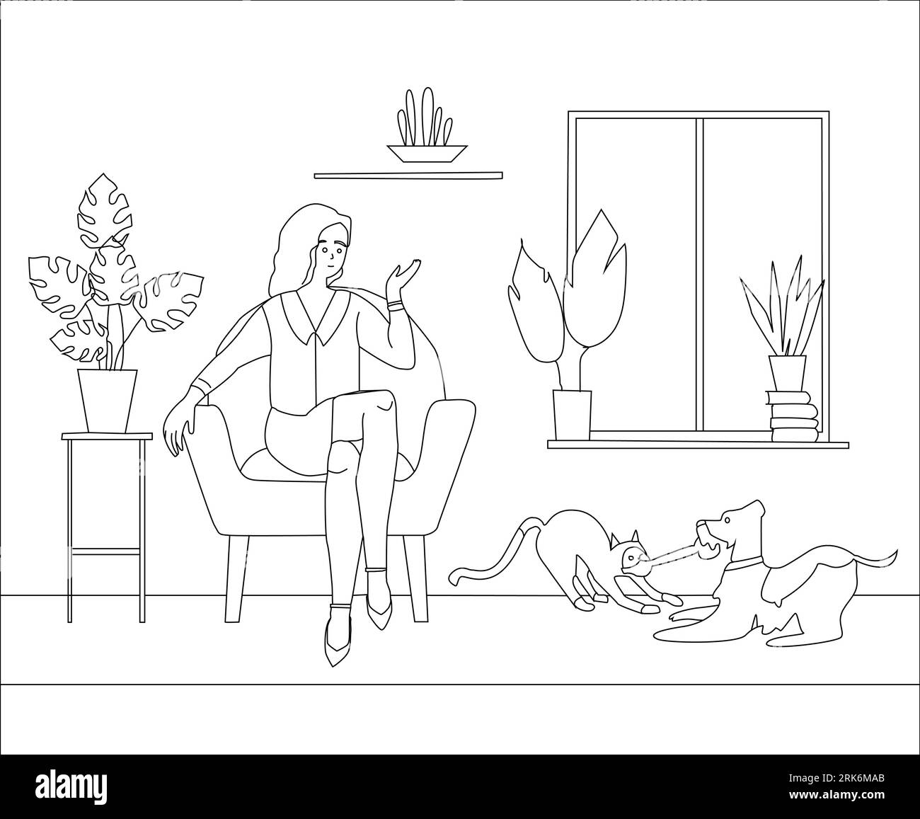 Capturer des moments précieux : fille joueuse et adorable chat dans des dessins au trait enchanteurs Parfait pour célébrer l'innocence et l'amitié. Illustration de Vecteur