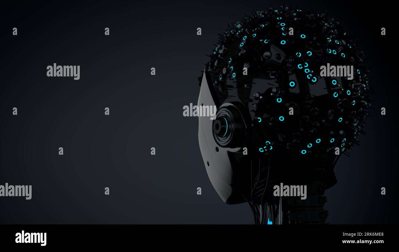 Vue arrière de la tête d'un robot humanoïde féminin avec une peau en plastique brillante blanche, des yeux bleus et des circuits illuminés dans son crâne sur fond sombre W. Banque D'Images