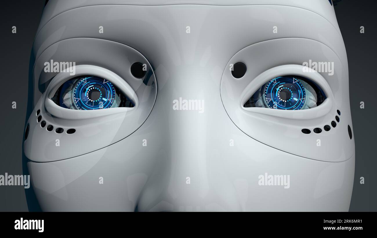 Gros plan sur les yeux bleus d'un robot humanoïde féminin avec une peau en plastique blanc brillant sur fond sombre. Illustration 3D. Banque D'Images