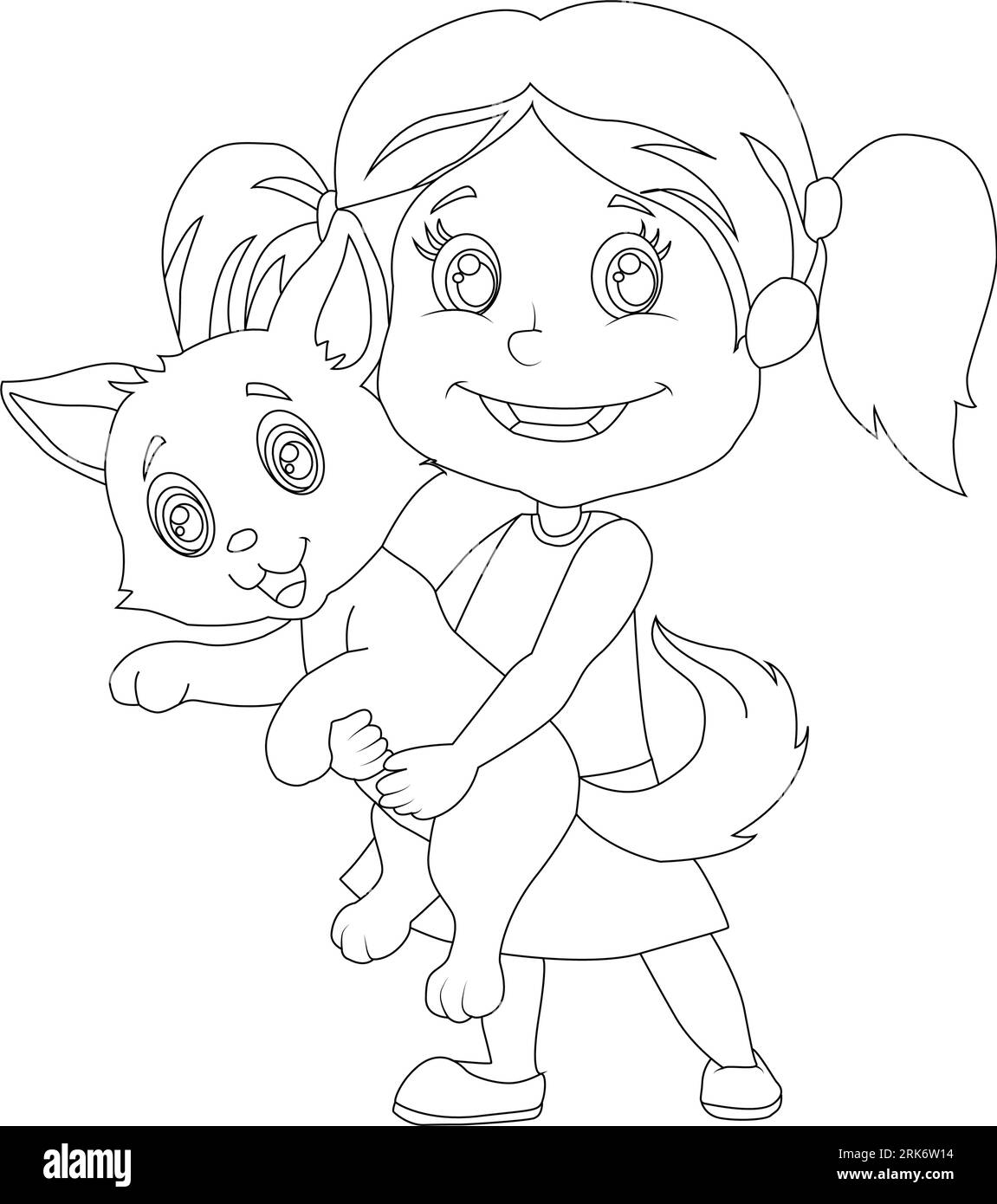 Capturer des moments précieux : fille joueuse et adorable chat dans des dessins au trait enchanteurs Parfait pour célébrer l'innocence et l'amitié. Illustration de Vecteur