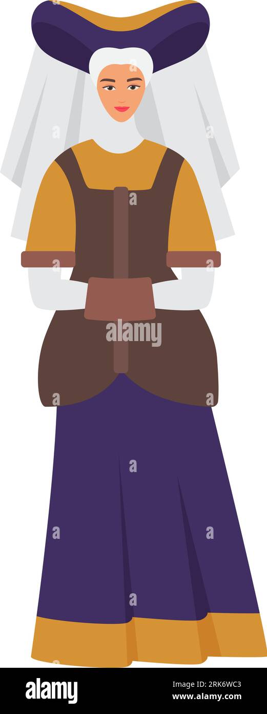 Élégante femme médiévale en robe longue. Illustration vectorielle de dessin animé de vêtements médiévaux traditionnels Illustration de Vecteur