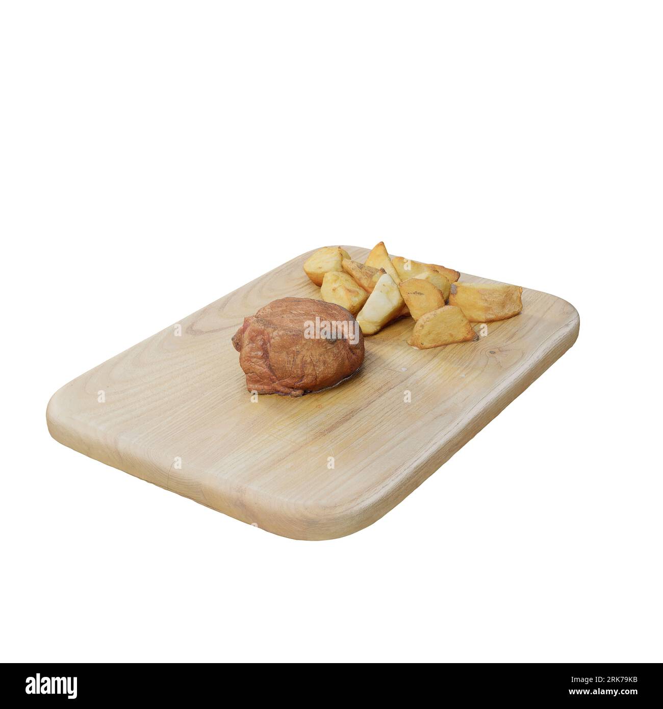 Un rendu 3D d'une planche à découper en bois remplie d'un assortiment de viandes et frites fraîchement préparées Banque D'Images