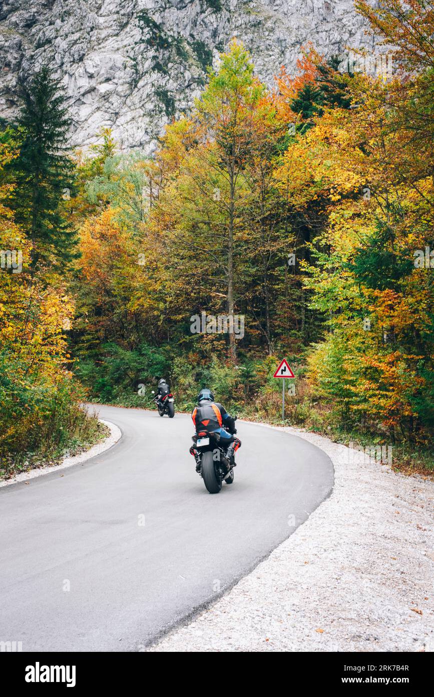 Les motocyclistes roulent sur la route à travers la forêt d'automne dans les montagnes. Banque D'Images