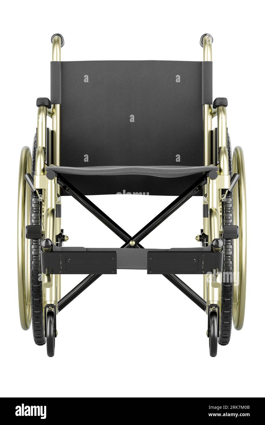 Fauteuil roulant manuel, fauteuil roulant. Vue avant. Rendu 3D isolé sur fond blanc Banque D'Images