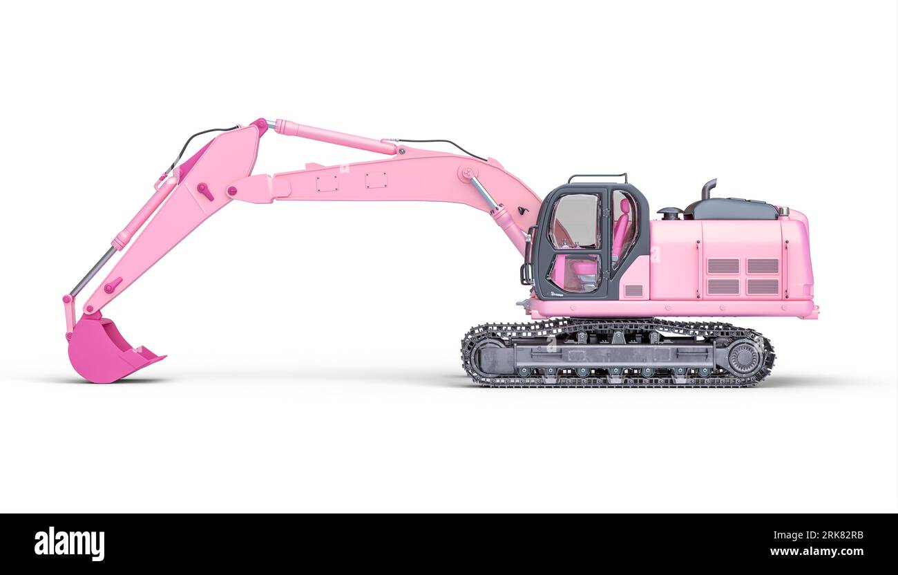 machine d'excavatrice rose isolée sur fond blanc. rendu 3d. Banque D'Images