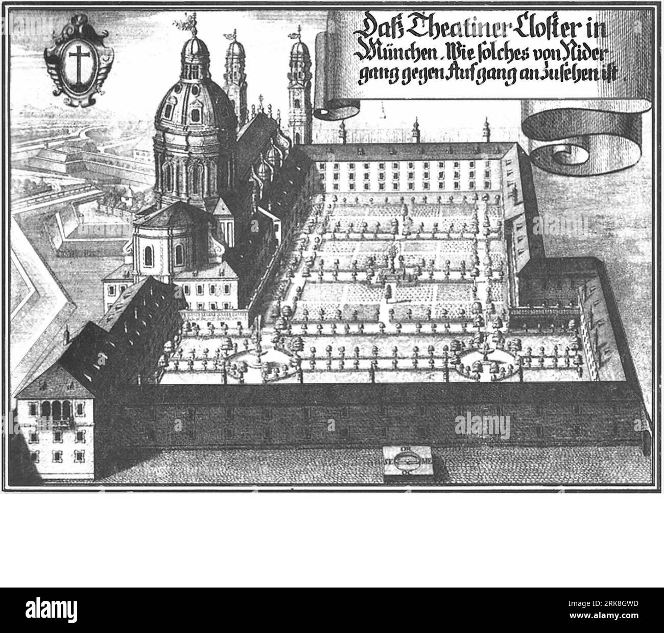 daß Theatiner Closter in München, wie solches von Nidergang gegen Aufgang anzusehen ist 1701 de Michael Wening Banque D'Images