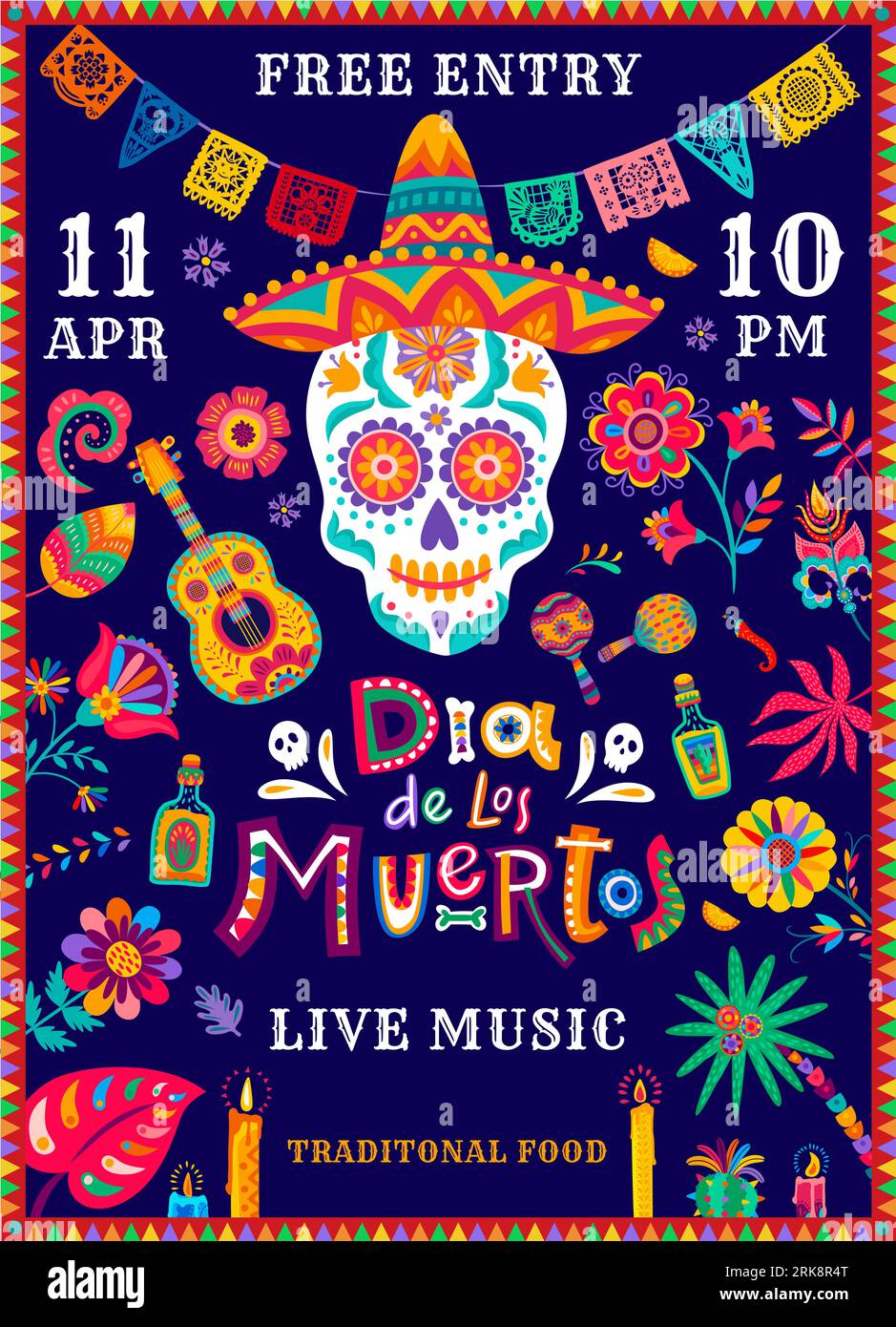 Mexican Day of Dead, Dia de Los Muertos fiesta flyer with calavera skull in sombrero, vector holiday poster. Mexican Dia de Los Muertos party celebrat Illustration de Vecteur